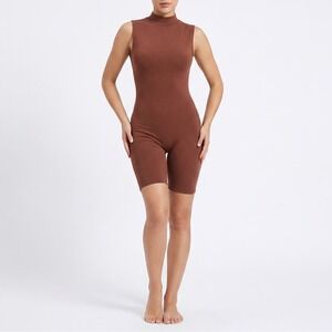 Naked Wardrobe Brown Sleeveless Mock Neck Biker Short Romper XL